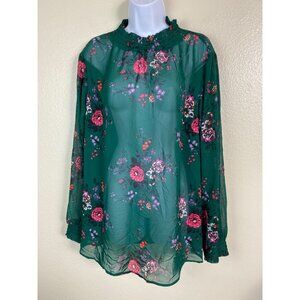 Torrid Floral Ruffle Smocked Collar Sheer Long Sleeve Blouse Green Plus Size 2X